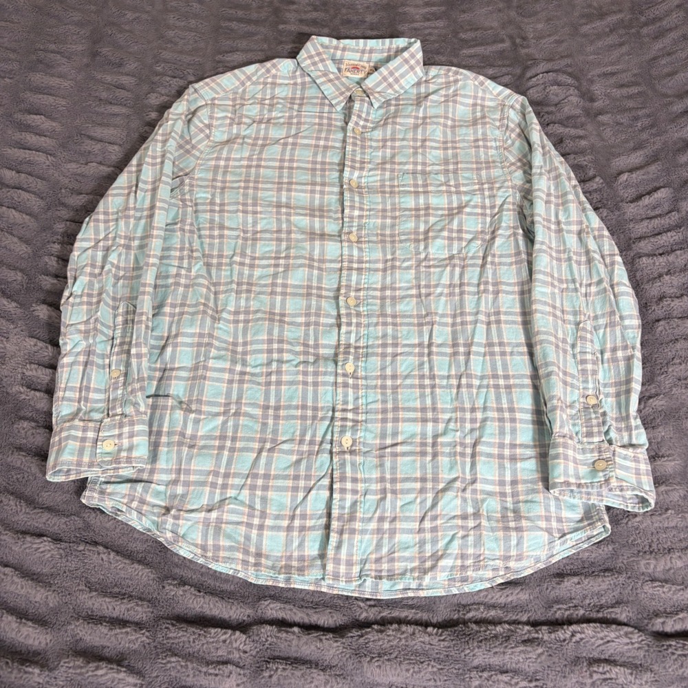 Faherty‎ Brand Mens Medium Plaid Cotton Button Down Shirt Teal Grey Orange AQ554